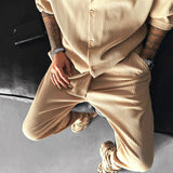 Oversize Pleated Open Collar Shirt & Pants Set - Beige