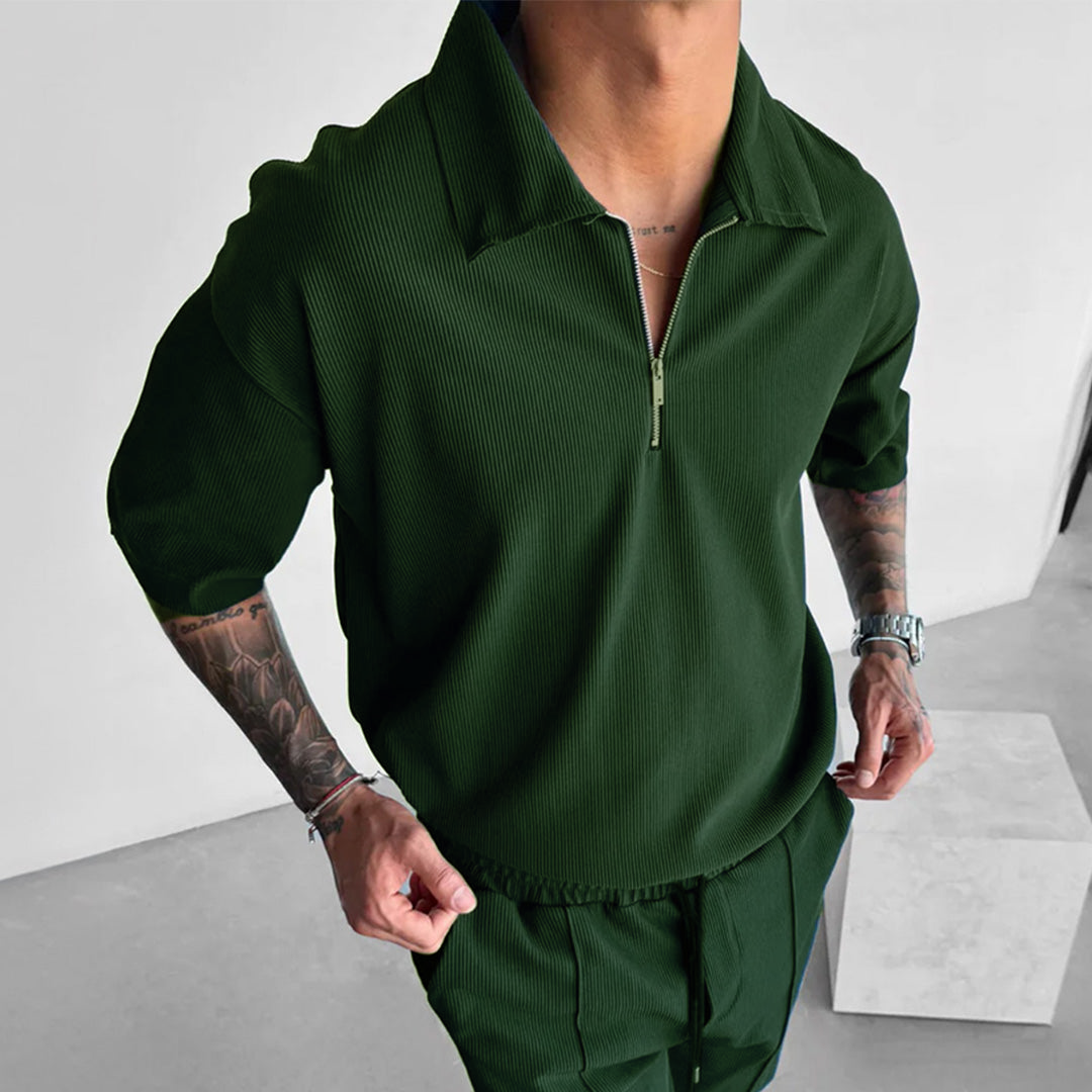 Men's Loose Fit Zipper Shirt & Short Set - Rain Forest