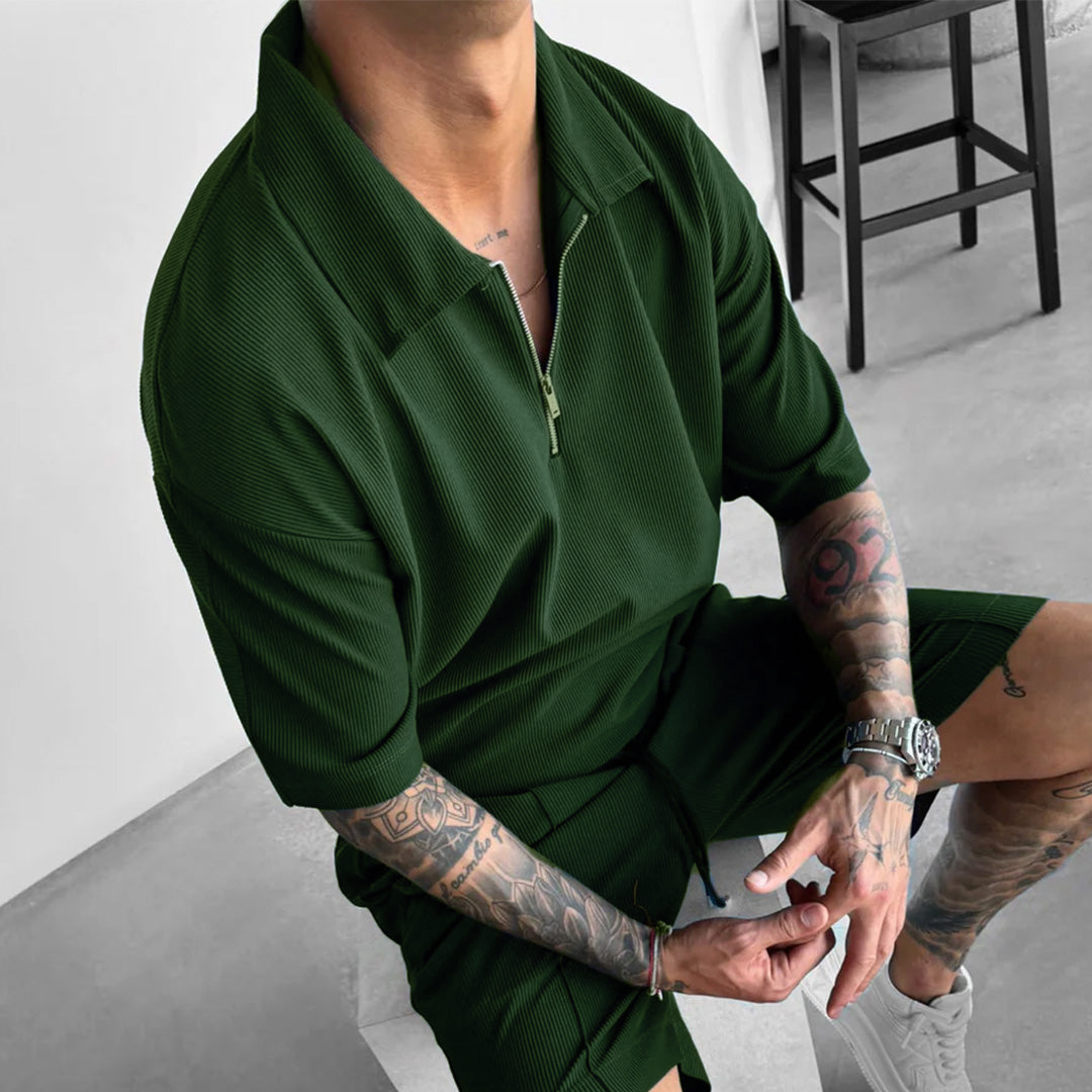 Men's Loose Fit Zipper Shirt & Short Set - Rain Forest